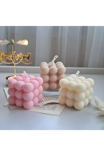 TanLight Pembe Beyaz Kahverengi Mavi Dörtlü 3x3 Çam Kokulu Bubble Mum