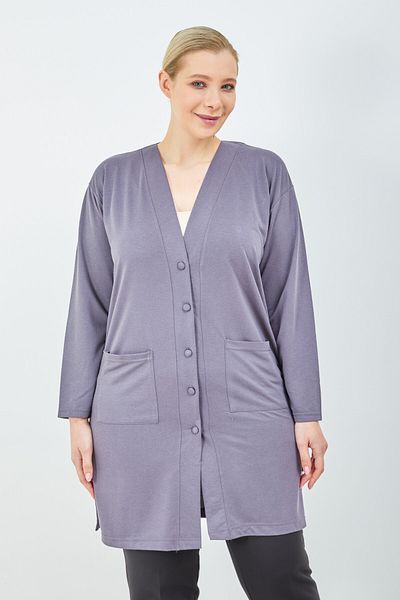Stilmony Women's Gray Large Size Summer Long Combed Cotton Cardigan with Pockets