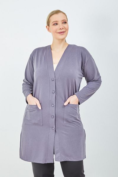 Stilmony Women's Gray Large Size Summer Long Combed Cotton Cardigan with Pockets