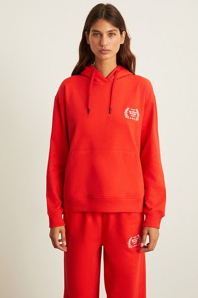 GRIMELANGE Eludne Women's Embroidered Hooded Kangaroo Pocket 3 Thread Raised Red Sweatshirt