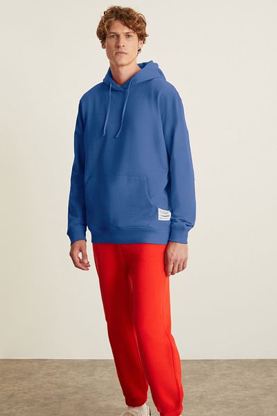 GRIMELANGE Benda Men's 3-Thread Raster Soft Kangaroo Pocket Hooded Red Sweatshirt
