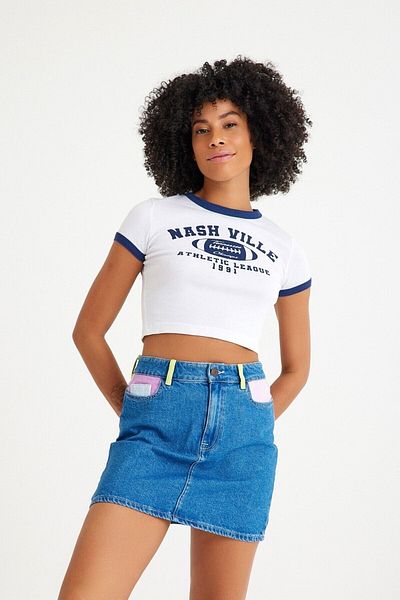 Kutaf Color Blocked Designed Women's Jean Skirt