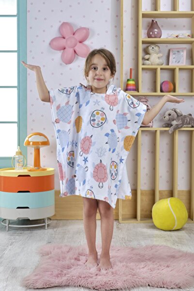 ELY PARKER Panço Çocuk Bornoz Plaj Havlusu Kapşonlu (3-8 Yaş) İç Yüzey %100 Pamuk Caretta Kaplumbağa Hayvan