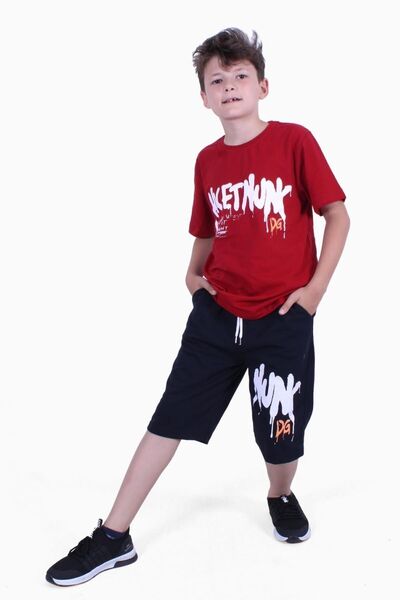 YA KO KİDS Hicet Hunk Printed Boys' Short Sleeve Double Pocket Red Summer Suit