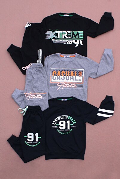 YA KO KİDS 3-Piece Casual Denim-Nyc-X North East Print Момчешки комплект анцуг с кръгла яка Черен-Сиво-Тъмносин