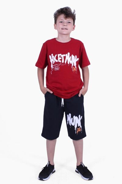 YA KO KİDS Hicet Hunk Printed Boys' Short Sleeve Double Pocket Red Summer Suit