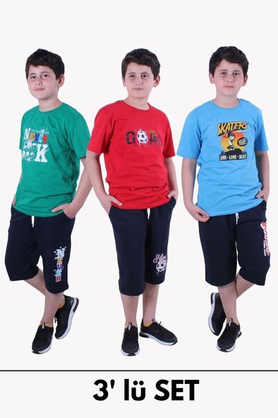 YA KO KİDS 3-Piece Green-Red-Blue Summer Game Don'T Print Double Pocket Summe...