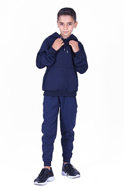 YA KO KİDS Σετ αθλητικής φόρμας 3 τεμαχίων απλή τσέπη καγκουρό για αγόρι με κουκούλα μπλε-γκρι-μαύρο