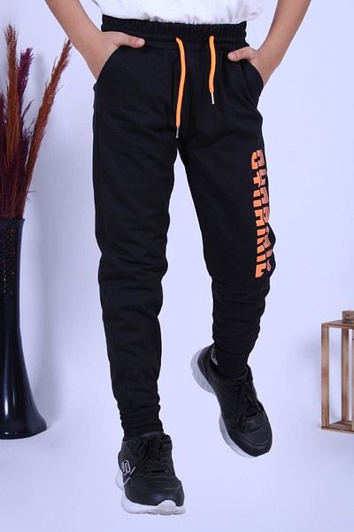 YA KO KİDS Pantaloni de sport negri cu buzunar dublu cu imprimeu dinamic pentru băieți, cu text fosfor