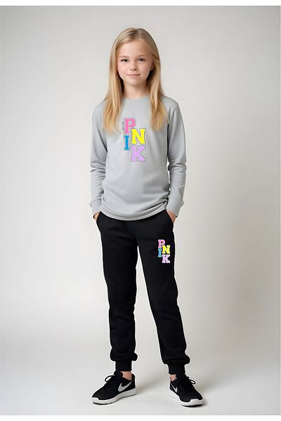 YA KO KİDS Colorful Letter Printed Bottom-Top Set for Girl