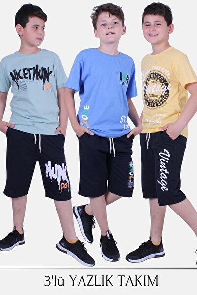 YA KO KİDS Costum de vară pentru băiat cu imprimeu text din 3 piese
