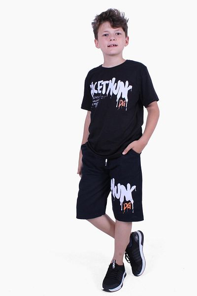 YA KO KİDS Set de vară negru cu mânecă scurtă cu imprimeu Hicet Hunk pentru băieți