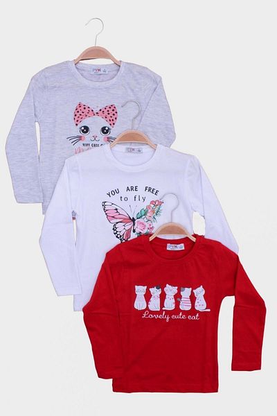 YA KO KİDS Суитшърт с шарки Meow-fly-cute за момиче - червен, бял и сив, дълъг ръкав