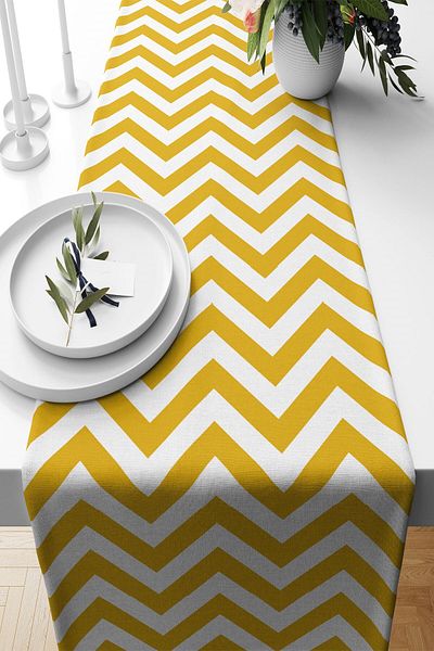 on the clouds Geometric Zigzag Patterned Yellow Ranir Models - Stain Resistant Fabric, Living Room and Kitchen Table