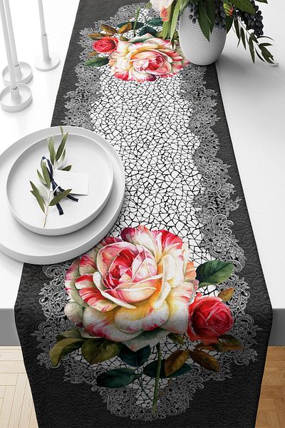 on the clouds Black Floral Patterned Non-Slip Fabric Runner - for Floor and Kitchen Table