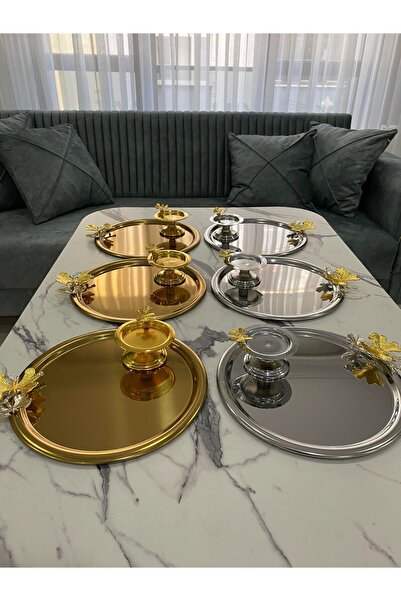 Mira züccaciye 3 Silver and 3 Gold Butterfly Round Steel Presentation Tray an...