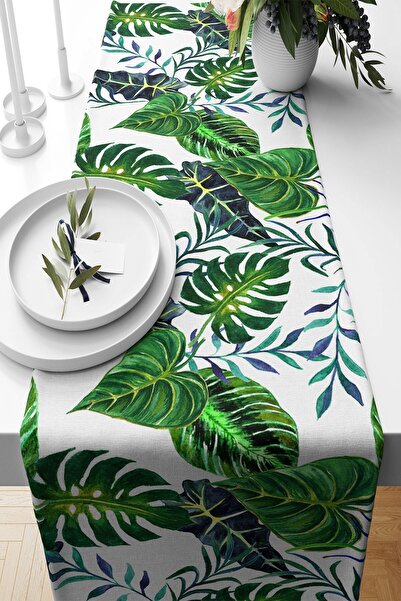Pelangi Beyaz Zemin Yeşil Büyük Yaprak Leke Tutmaz Kumaş Salon Mutfak Masa De...