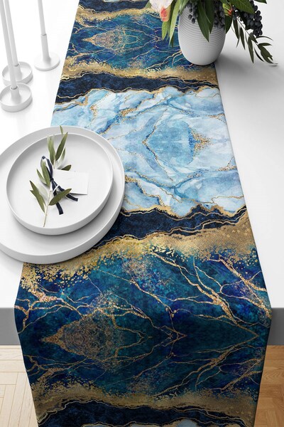 Pelangi Blue Gold Marble Patterned - Stain Resistant Fabric Living Room Kitch...