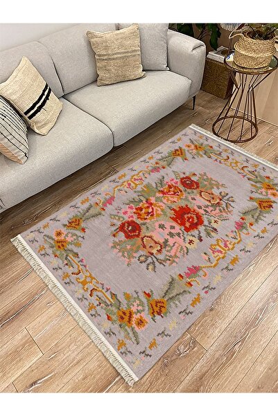 kilim home Cotton Serisi Kırmızı Çiçekli Bordürlü Gri Taban Otantik Dekoratif...