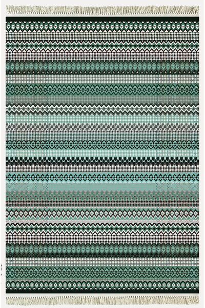 kilim home سجادة قطنية 21 سجادة قاعدة منسوجة مزخرفة وقابلة للغسل باللون الأخضر