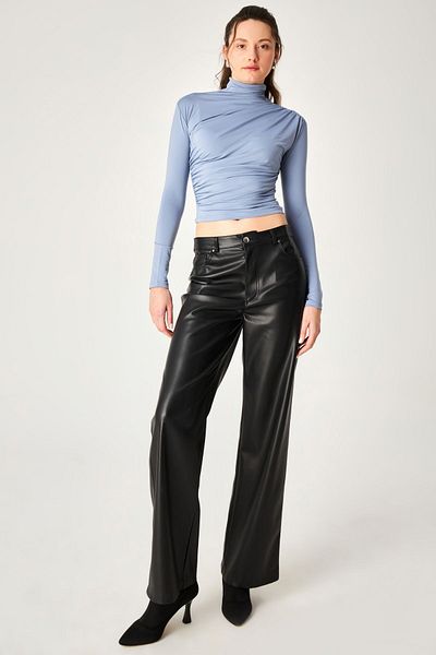 Kallisto Light Blue Polyamide Stand Collar Draped Blouse