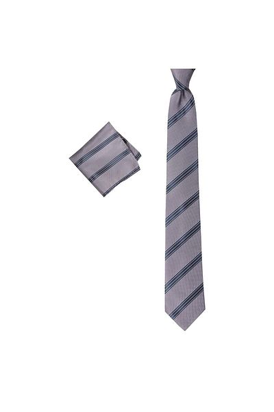 1001 Kravat Gray Striped 8 cm Wide Tie with Handkerchief