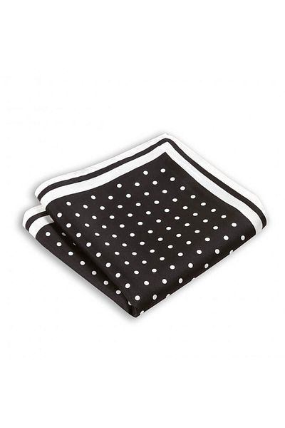 1001 Kravat Black and White Polka Dot Patterned Silk Pocket Handkerchief in 33x33 cm Sizes