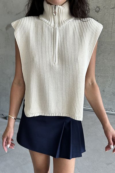 MODAGEN Ecru Women's Knitwear Sweater - Stand Collar and Half Zipper