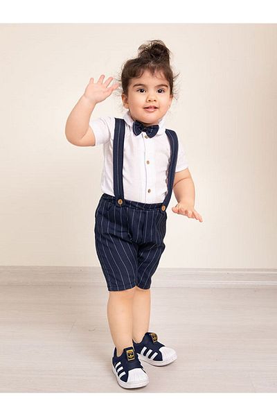 Mika Bebek & Çocuk Navy Blue Striped Fabric Baby Boy Summer Salopet with Bow Tie Eid Suit