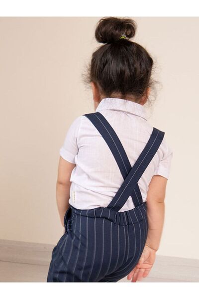 Mika Bebek & Çocuk Navy Blue Striped Fabric Baby Boy Summer Salopet with Bow Tie Eid Suit