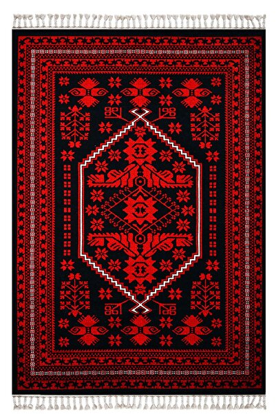 kilim home Mars 2009 Kırmızı Siyah Bordürlü Etnik Vintage Görünüm Dokuma Taba...