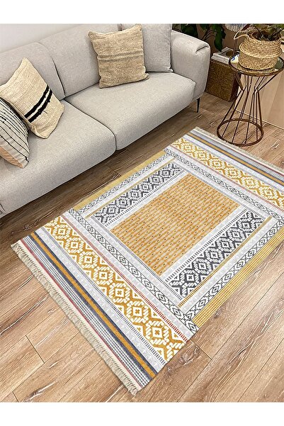 İNFORT Covor decorativ țesut, din seria Cotton, cu motiv grecesc galben, în s...