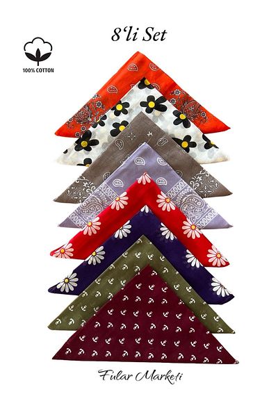 Fular Marketi Set of 8 Mixed Patterned 100% Cotton Bandanas