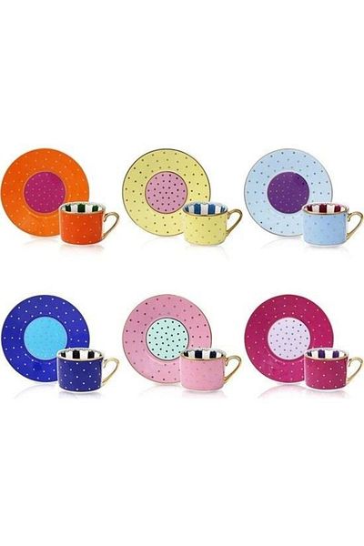 Kosova 6-Piece Colorful Bone China Cup Set - Polka Dot