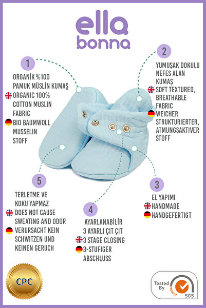Ella Bonna Organik Pamuk Müslin Bebek Patiği, Yenidoğan Pandufu,mavi