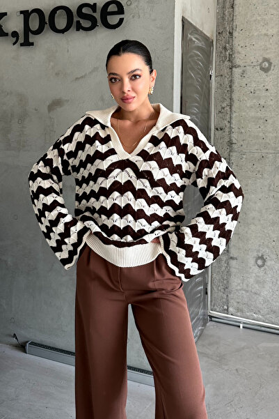 MODAGEN Ecru V-Neck Brown Striped Women's Knitwear Sweater