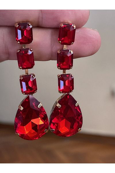 Rupen Kraft Stylish Large Baguette Drop Stone Red Evening Dress Dangle Earrings