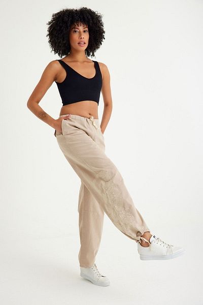 Kutaf Straight Linen Trousers Dragon Embroidered