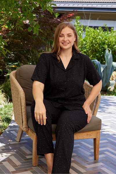 PİJAMOOD Black Cotton Pajamas Set - Short Sleeve, Button Front, Plus Size