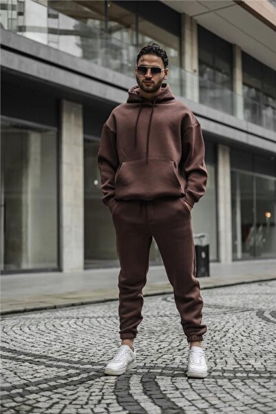 CMZ COLLECTİON Ανδρικό σετ φόρμας με κουκούλα σε καφέ χρώμα, με τσέπη καγκουρ...