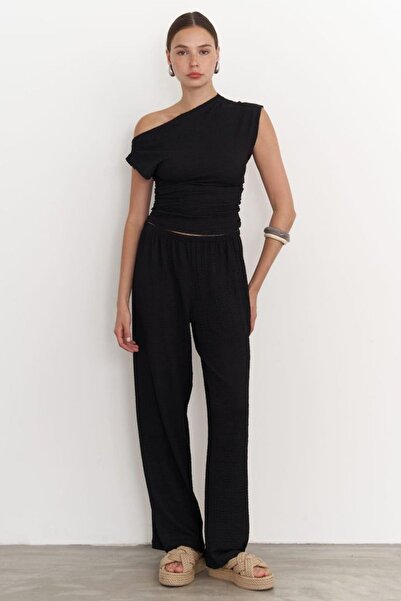 YAKAMEL High Waist Draped Palazzo Trousers - Wide Leg and Wrap Detail