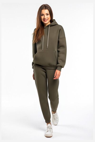CMZ COLLECTİON Γυναικείο Σετ Φόρμας Χακί με Κουκούλα και Ψηλόμεση Ελαστική Τσέπη