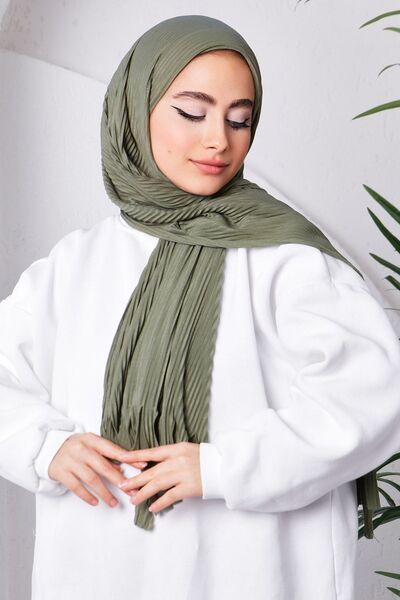 İmajButik Light Khaki Fashion Blue Pleated Practical Ready Made Shawl
