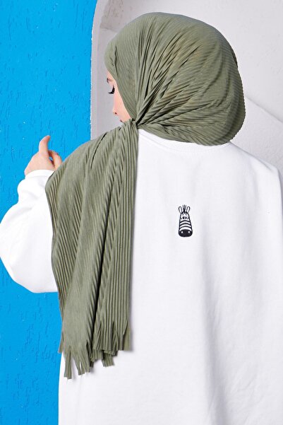 İmajButik Light Khaki Fashion Blue Pleated Practical Ready Made Shawl