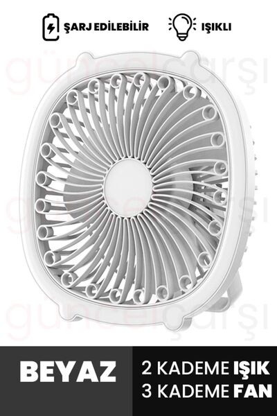 GüncelÇarşı Işıklı Masaüstü Şarjlı Usb Fan, Sessiz Vantilatör, 3 Kademe Fan H...