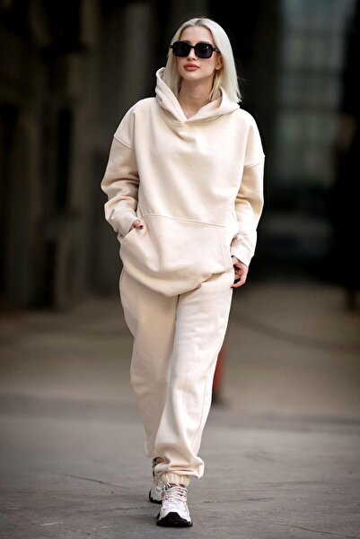 CMZ COLLECTİON Γυναικείο μπεζ σετ φόρμας με κουκούλα, ψηλόμεσο και ελαστικό κ...