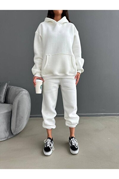 CMZ COLLECTİON Γυναικείο λευκό σετ φόρμας με κουκούλα και ψηλή μέση, φουσκωτό...