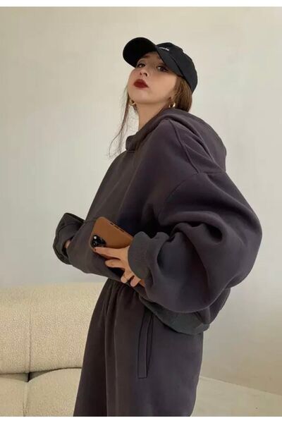 CMZ COLLECTİON Γυναικείο σετ φόρμας με κουκούλα και 3 κλωστές από φλις