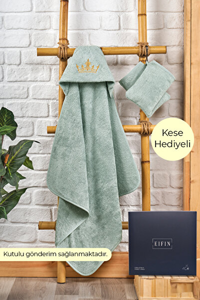 EIFIN Bambu Taç Nakışlı Özel Kutusunda Bebek Havlu Kundak Ve Kese Seti