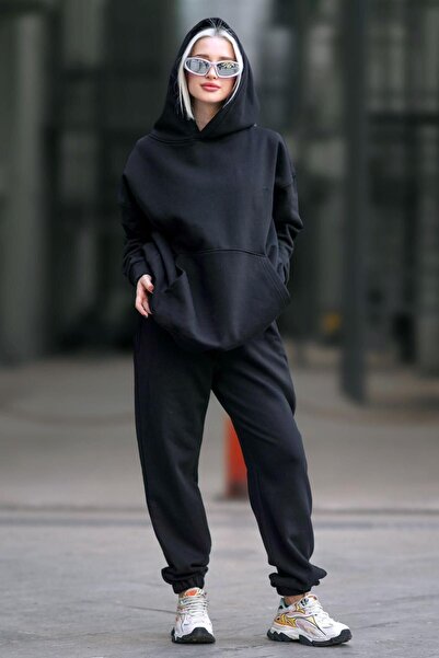 YAKAMEL Kadın Üç İplik Şardonlu Kapşonlu Eşofman Takımı